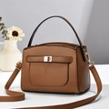 Brown litchi grain satchel with crossbody strap and metallic lock buckle detail - 20cmx10cmx14cm / Brown
