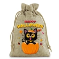 Macro shot of Halloween burlap drawstring bag featuring Happy Halloween text and cat design - 10*14cm / Natural Hemp