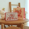 Christmas rabbit tin box and matching paper gift bag in warm beige and red tones - Bunny Floral / Large Flip-top Box