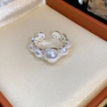 Silver open ring with pearls and small rhinestones in a beige velvet jewelry box - Geometric Pearl Open Ring / Silver - Round Pearl