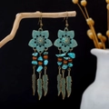 Bohemian bronze earrings with turquoise stones and feather tassel details - Feather Metal Stone Drop (E2761)