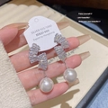 Elegant 925 silver long drop earrings with crystals and a large white pearl pendant - Pearl Zircon Drop (E0396)
