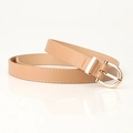 Slim tan PU leather belt for women with a polished light gold D-ring buckle - Khaki