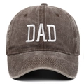 Detailed close-up of white DAD embroidery on a washed dark brown cotton baseball cap - Adjustable / Coffee DAD
