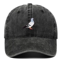 Washed black cotton baseball cap featuring colorful pigeon embroidery on the front - Black