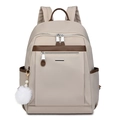 Damen Rucksack aus beigem Nylon mit braunem Lederbesatz und weißem Kunstpelz-Anhänger - Mit Anhänger / Gebrochenes Weiß