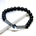 Matte black beaded bracelet featuring silver hematite arrows and a blue cat-eye stone bead - Matte Black + V-Shape Arrow Spacer (MB20-3-68)