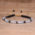 Adjustable hand-woven imperial stone bead bracelet in light blue and white marble - No.89 Aquamarine & Black Agate