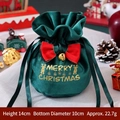 Dark green velvet Christmas gift bag with golden reindeer and red ribbon bow - Green Elk Head With Bow