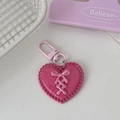 Pink Y2K heart keychain with ribbon bow detail and matching metal D-ring buckle - Rose Red Heart