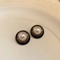 Orecchini vintage rotondi dorati con perla centrale e smalto nero di classe - 7# Perno Argento - Perla Smalto Nero Rotondo