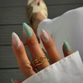 Short almond press-on nails in mint green and nude pink with silver glitter lines - Bz1428 A Delicate And Charming Girl / Glue Type