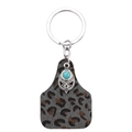 Porte-clés étiquette d'oreille léopard avec turquoise et croix en argent vintage - Ornement Turquoise Vintage Imprimé Léopard