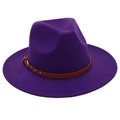 Detail of purple wool fedora hat featuring a brown leather band and metal buckle - One Size (57cm) / Purple (3 Studs)