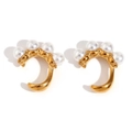 Golden ear cuffs set with white pearls on polished 18K gold plated stainless steel - Four Pearls J-Shaped Ear Cuff - Gold