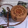 Handmade round rattan crossbody bag in natural color with brown leather strap - Five-pointed Star Chinese Knot Buckle 20*8cm