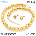 Golden hollow stainless steel bead necklace and stud earrings set for women - Gold 10mm Earrings Set (KS221200-GC)