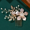 Handmade golden bridal hair comb with white pearls, metallic leaves and pink flower petals - Gold Artificial Pearl Pink Petal Hair Comb (HS-J6455)