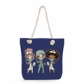 Navy canvas tote bag with nurse cartoon print and sturdy white rope handles - Deep Blue Three Cartoon Nurses Style (ms4569)