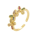 Detailed view of colorful rhinestones on a gold-plated butterfly open ring band - Gold with Multicolor Zircon