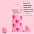 Bouteille en acier inoxydable rose 650ml avec motifs cœurs et détails de dimensions - Pot à Large Ouverture 650ml