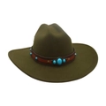 Olive green faux suede cowboy hat featuring a brown leather band with turquoise stones - One Size / Army Green