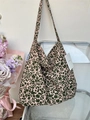 Pink canvas shoulder tote bag featuring vintage floral prints and a Miss side label - Pink with Green Floral(27#)