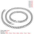 Conjunto de collar y pulsera de eslabones cubanos plateados de 8mm con especificaciones - Pulsera / 8mm / Color acero
