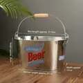 Galvanized oval steel ice bucket with wooden handle and vintage Beer printed logo - Silver (Beer Model)