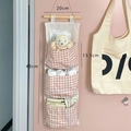 Pink plaid cotton linen hanging storage bag with 3 pockets and wooden stick hanging rod - Pink Plaid