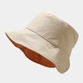 Detalle de sombrero de sol beige con forro marrón, costuras finas y textura de lona vista - Talla única / Caqui