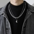 Double-layered silver titanium steel Cuban chain necklace with letter C pendant for men - Letter C (Double Chain + Pendant)