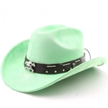 Detail of mint green suede cowboy hat with black leather band and silver skull studs - M (56-58cm) / Fruit Green