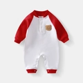 Tutina neonato a maniche lunghe in cotone bicolore rosso e bianco con ricamo orso - 66CM / Rosso + Bianco