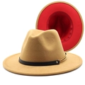 Camel fedora hat with red brim lining, black band and gold chain decoration - Camel + Red
