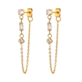 Golden stainless steel drop earrings with circular and geometric zircon stones for women - Geometric Zircon Chain Earrings with Round Square Design