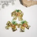 Set of 3 golden sequin Christmas bows with pine needles and berries 10x10cm - Gold Sequin Christmas Bow 3pcs