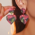 Sparkling pink, black, and green leopard print heart drop earrings with rhinestones - Leopard Colorful Heart Style (DTE1516262R-LE)