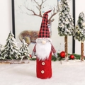 Gnome wine bottle cover with red felt body and black red plaid hat decoration - Red