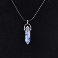 Polished blue sodalite hexagonal point pendant necklace with black cord and silver mount - Blue Spot Stone