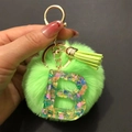 Green faux fur pompom keychain with resin letter B pendant and matching green tassel - Letter B
