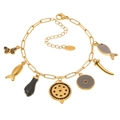 Gouden roestvrijstalen bedelarmband met kleurrijke geëmailleerde vlinders en vissen - 16+5cm / Bruine Emaille Armband