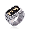 Men's punk stainless steel ring with black rectangle plate and golden EM letters - US 7 / EM Letters Style / Two-tone (Gold & Silver)