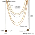 Detailed specs of multi-layer stainless steel necklace with natural stone pendant and measurements - Gold Multi-Layer Brown Tassel Necklace