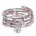 Pink zebra jasper layered wrap bracelet with silver alloy flower beads and clover charm - Pink Zebra Stone