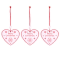 Three white heart-shaped wooden Christmas ornaments with red Merry Christmas text - White Heart * 3