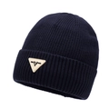 Thick navy blue ribbed knit beanie with a triangular decorative patch for winter warmth - Navy Blue