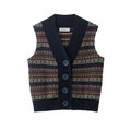 Vintage Fair Isle knitted vest with V-neck and geometric diamond pattern in navy blue - S / As Shown
