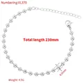 Detalle de pulsera de cuentas plateadas de 4mm con cierre de langosta y medidas - VL370 Pulsera de Cadena de Bambú con Cuentas Redondas de 4 mm en Oro Blanco