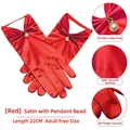 Elegant red satin wedding gloves with pearl pendant and ruched detail, 22cm length - One Size / Red